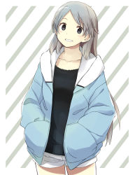 Rule 34 | 1girl, blush, grin, hands in pockets, hood, hooded jacket, hoodie, jacket, long hair, looking at viewer, open clothes, open hoodie, original, shorts, smile, solo, toshiya, very long hair