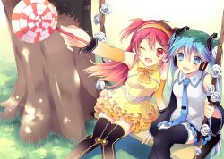 Rule 34 | 2girls, ;d, aqua hair, blue eyes, candy, detached sleeves, flower, hatsune miku, lollipop, multiple girls, nanase kanon, one eye closed, open mouth, pointing, ponjiritsu, red eyes, red hair, sleeveless, smile, swing, thighhighs, twintails, vocaloid, wink, zettai ryouiki