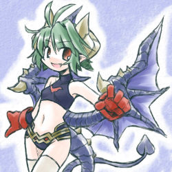 Rule 34 | 1girl, gloves, green hair, horns, kugelschreiber, open mouth, pointy ears, red eyes, rukia moon, shinrabanshou, short hair, smile, solo, tail, wings