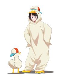 Rule 34 | 1girl, absurdres, animal, bandages, baseball cap, bird, brown hair, closed mouth, duck, full body, green eyes, hands on own hips, hat, highres, hololive, onesie, oozora subaru, sariel (quinlobchris), shadow, short hair, simple background, solo, standing, subaru duck, virtual youtuber, white background