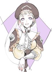 Rule 34 | 1girl, ashinamaturi, bad id, bad twitter id, blonde hair, blue eyes, earrings, fire emblem, fire emblem: three houses, hat, highres, jewelry, long sleeves, mercedes von martritz, nintendo, parted lips, purple background, short hair, solo, upper body, white background