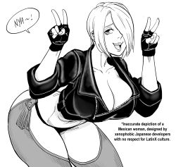 Rule 34 | 1girl, absurdres, angel (kof), ass, bb (baalbuddy), bent over, breasts, chaps, cleavage, collarbone, commentary, double v, english commentary, english text, fingerless gloves, gloves, greyscale, hair over one eye, highres, jacket, large breasts, leather, leather jacket, monochrome, open mouth, short hair, solo, speech bubble, the king of fighters, thighs, v