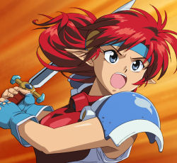 Rule 34 | 1990s (style), 1girl, action, armor, blue eyes, breastplate, fingerless gloves, gloves, headband, long hair, mail (popful mail), open mouth, pauldrons, pointy ears, popful mail, popful mail (character), red hair, retro artstyle, shoulder armor, solo, sword, teeth, teritama, upper body, weapon