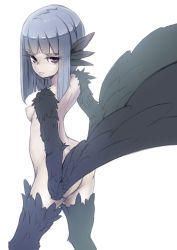 Rule 34 | 1girl, ass, bad id, bad pixiv id, black wings, breasts, feather hair, feathered wings, feathers, grey eyes, harpy, monster girl, nipples, nucomas, original, sidelocks, silver hair, small breasts, solo, winged arms, wings