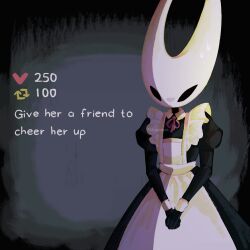Rule 34 | 1girl, alicezakat, alternate costume, apron, arrow (symbol), arthropod girl, artist name, black dress, black eyes, black skin, blank eyes, collared dress, colored skin, dress, english text, flat chest, frilled apron, frills, grey background, heart, highres, hollow knight, hornet (hollow knight), juliet sleeves, like and retweet, long dress, long sleeves, maid, maid apron, neck ribbon, nervous, own hands together, puffy sleeves, red ribbon, ribbon, simple background, standing, sweat, twitter username, watermark, white apron