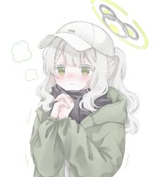 Rule 34 | 1girl, baseball cap, black scarf, blue archive, blunt bangs, blush, chi fm, green eyes, green halo, green jacket, grey hair, halo, hare (blue archive), hare (camp) (blue archive), hat, interlocked fingers, jacket, long hair, looking at viewer, nose blush, official alternate costume, own hands together, ponytail, scarf, sidelocks, simple background, solo, trembling, upper body, white background, white hair