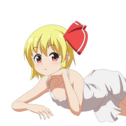 Rule 34 | 1girl, alternate costume, anime coloring, arm support, blonde hair, blush, bow, cato (monocatienus), chemise, commentary, flat chest, hair bow, hand on own cheek, hand on own face, looking at viewer, lying, on stomach, open mouth, red eyes, rumia, short hair, simple background, sleepwear, solo, touhou, white background