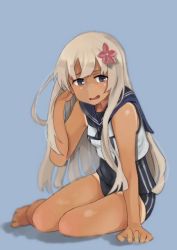 Rule 34 | 10s, 1girl, arm support, blonde hair, blue background, blue eyes, blurry, crop top, depth of field, flower, full body, hair flower, hair ornament, hand in own hair, kantai collection, long hair, looking at viewer, one-piece swimsuit, open mouth, ro-500 (kancolle), school uniform, serafuku, simple background, sitting, solo, swimsuit, swimsuit under clothes, tan, wataro (watawatawatapon), yokozuwari
