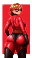 Rule 34 | 1girl, ass, black gloves, black thighhighs, bodysuit, born-to-die, breasts, brown hair, covered erect nipples, domino mask, elastigirl, female focus, from behind, gloves, gluteal fold, hand on own hip, helen parr, highres, large breasts, looking at viewer, looking back, mask, mature female, red bodysuit, red eyes, short hair, shoulder blades, sideboob, solo, superhero costume, sweat, the incredibles, thick thighs, thighhighs, thighs