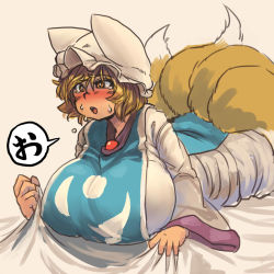 Rule 34 | 1girl, animal hat, bed sheet, blonde hair, blush, breasts, chanta (ayatakaoisii), dress, eyebrows, fox tail, hat, huge breasts, long sleeves, lying, mob cap, multiple tails, on stomach, mob cap, purple background, sheet grab, short hair, simple background, solo, sweat, tabard, tail, tearing up, teeth, text focus, tongue, touhou, translation request, white dress, wide sleeves, yakumo ran