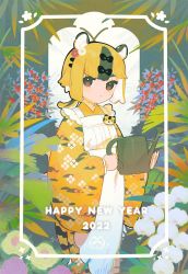 Rule 34 | 1girl, 2022, animal ears, animal print, apron, black bow, black hair, bow, brown eyes, chinese zodiac, expressionless, flower, frilled apron, frills, hair bow, happy new year, highres, japanese clothes, kimono, leaf, long sleeves, looking at viewer, miitarou, multicolored hair, new year, no nose, orange hair, original, plant, print kimono, purple flower, solo, tiger ears, tiger girl, tiger print, two-tone hair, watering can, white apron, white flower, wide sleeves, year of the tiger, yellow flower