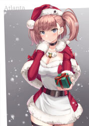 Rule 34 | 1girl, atlanta (kancolle), bell, black choker, blush, box, breasts, brown hair, capelet, character name, choker, cleavage, closed mouth, cowboy shot, fur-trimmed capelet, fur-trimmed sleeves, fur trim, gift, gift box, grey eyes, hat, holding, holding gift, jingle bell, kantai collection, large breasts, long hair, long sleeves, looking at viewer, mayura (lucadia), official alternate costume, pom pom (clothes), red capelet, red hat, santa hat, solo, thigh strap, two side up