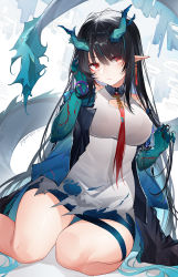 Rule 34 | 1girl, arknights, artist name, bare shoulders, bead bracelet, beads, black hair, blue hair, bracelet, breasts, closed mouth, colored skin, dated, dragon girl, dragon horns, dragon tail, dress, dusk (arknights), eyes visible through hair, female focus, gradient skin, green horns, green skin, highres, holding, holding own hair, horns, jewelry, large breasts, long hair, looking at viewer, multicolored hair, pointy ears, red eyes, sitting, solo, streaked hair, suaynnai wanzi, tail, thighs, very long hair, white dress