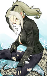 Rule 34 | 1girl, adeshi (adeshi0693119), arm rest, asymmetrical hair, black gloves, black pants, braid, breasts, clenched teeth, crocodilian tail, denim, fingerless gloves, french braid, from side, gloves, green eyes, green hair, green jacket, grey hair, hand on own knee, high ponytail, highres, jacket, jeans, kemono friends, large breasts, leaning forward, long hair, long sleeves, looking at viewer, multicolored hair, no bra, pants, partially unzipped, saltwater crocodile (kemono friends), sharp teeth, sitting, slit pupils, solo, spikes, tail, teeth, torn clothes, torn jeans, torn pants, zipper, zipper pull tab