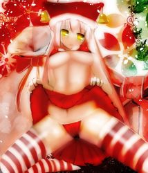 Rule 34 | 1girl, bell, bikini, breasts, christmas, hat, highres, large breasts, long hair, original, red bikini, sack, santa hat, solo, souma (ordures), striped clothes, striped thighhighs, swimsuit, thighhighs, underboob, white hair, yellow eyes