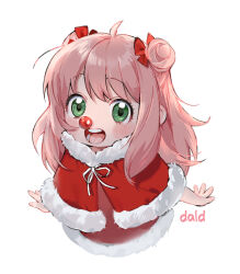 Rule 34 | 1girl, ahoge, anya (spy x family), artist name, blush, bow, child, christmas, dald, double bun, fake nose, green eyes, hair bow, hair bun, long hair, looking at viewer, open mouth, pink hair, red bow, red nose, santa costume, simple background, solo, spy x family, white background