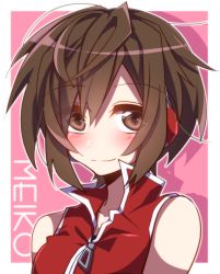 Rule 34 | 1girl, aosaki yato, bare shoulders, blush, brown eyes, brown hair, character name, closed mouth, commentary, headphones, highres, jacket, looking at viewer, meiko (vocaloid), pink background, red jacket, short hair, smile, solo, upper body, vocaloid, zipper, zipper pull tab