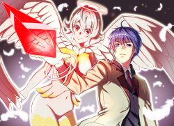 Rule 34 | 1boy, 1girl, absurdres, ak (akakabeuti), angel, angel wings, blue eyes, blue hair, closed mouth, collared shirt, colored skin, commentary request, feathered wings, feathers, halo, highres, kakehashi mirai, nasse, navel, necktie, partial commentary, platinum end, red eyes, school uniform, shirt, smile, white hair, white skin, white wings, wings