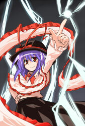 Rule 34 | 1girl, arm up, black hat, black skirt, bow, bowtie, capelet, closed mouth, commentary request, frilled shawl, frills, hand on own hip, hat, hat bow, index finger raised, kibisake, lightning, long sleeves, looking at viewer, nagae iku, purple hair, red bow, red bowtie, red eyes, shawl, shirt, short hair, skirt, smile, solo, touhou, white capelet, white shirt