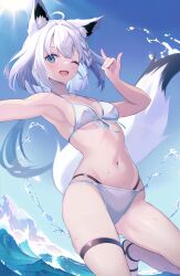 Rule 34 | 1girl, ;d, ahoge, alternate costume, anichika, animal ear piercing, animal ears, aqua eyes, arm up, armpits, bikini, blue sky, braid, breasts, day, foot out of frame, fox ears, fox girl, fox shadow puppet, fox tail, hand up, highres, hololive, long hair, looking at viewer, navel, one eye closed, open mouth, outdoors, outstretched arm, sandals, shirakami fubuki, side braid, single braid, sky, small breasts, smile, solo, sun, swimsuit, tail, thigh strap, virtual youtuber, water, white hair