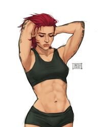 Rule 34 | 1girl, abs, absurdres, arcane: league of legends, arm tattoo, armpits, arms up, artist name, black tank top, breasts, closed eyes, closed mouth, collarbone, cowboy shot, hands in hair, highres, league of legends, medium breasts, medium hair, navel, red hair, shiny skin, simple background, sketchzaddy, solo, stomach, tank top, tattoo, vi (league of legends), white background