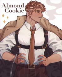 Rule 34 | 1boy, almond cookie, bara, between pectorals, brown hair, brown pants, chest harness, coat, coat on shoulders, cookie run, facial hair, goatee, hands on own hips, harness, highres, kingidol, large pectorals, male focus, mature male, multicolored hair, muscular, muscular male, necktie, necktie between pectorals, pants, pectorals, personification, shirt, short hair, sideburns, solo, streaked hair, striped clothes, striped necktie, striped neckwear, stubble, vertical-striped clothes, vertical-striped necktie, white shirt