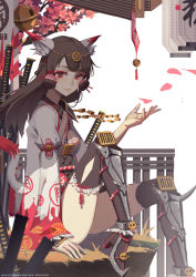 Rule 34 | 1girl, 7lark, animal ears, architecture, arm garter, armor, bad id, bad pixiv id, bell, black legwear, braid, breasts, brown hair, cherry blossoms, circlet, east asian architecture, expressionless, facial tattoo, fox ears, fox girl, fox tail, french braid, frilled legwear, frills, greaves, hair tubes, hand up, high heels, japanese armor, japanese clothes, jingle bell, katana, knee up, kote, lantern, leg armor, lips, long hair, long sleeves, looking at viewer, obi, original, outdoors, paper lantern, petals, red eyes, sash, sheath, sheathed, simple background, sitting, small breasts, solo, sword, tail, tattoo, thighs, tree, watermark, weapon, white background, wide sleeves, wind, wind chime