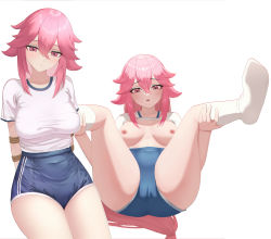 Rule 34 | 1girl, absurdres, animal ears, arms behind back, blue shorts, blush, bound, bound arms, breasts, cameltoe, closed mouth, exhibitionism, fox ears, fox girl, genshin impact, head tilt, highres, large breasts, long hair, looking at viewer, nipples, open mouth, pink eyes, pink hair, public indecency, school uniform, shirt, short sleeves, shorts, sitting, socks, solo, spread legs, thighs, too (totoo), white background, white shirt, yae miko