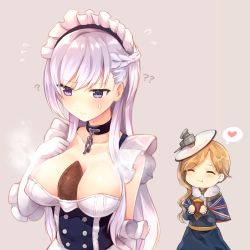 Rule 34 | 2girls, ?, ??, ^ ^, azur lane, bare shoulders, belfast (azur lane), between breasts, blonde hair, blue eyes, blush, braid, breasts, chain, cleavage, closed eyes, collar, collarbone, commentary request, dress, eating, elbow gloves, food, french braid, gloves, hat, heart, highres, hood (azur lane), large breasts, long hair, maid, maid headdress, multiple girls, silver hair, smile, speech bubble, spoken heart, sukemyon, sweet potato, union jack