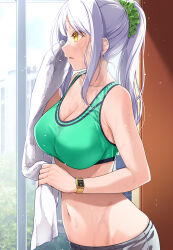 Rule 34 | 1girl, bare arms, bare shoulders, blush, breasts, cleavage, collarbone, commentary request, eve santaclaus, from side, green scrunchie, green sports bra, hair ornament, hair scrunchie, highres, idolmaster, idolmaster cinderella girls, large breasts, long hair, mk (mod0), navel, parted lips, ponytail, scrunchie, sidelocks, smartwatch, solo, sports bra, stomach, sweat, towel, watch, white hair, wristwatch, yellow eyes