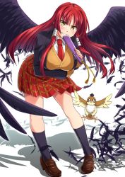 Rule 34 | 10s, 1girl, bird wings, black socks, black wings, blazer, blush, breasts, cardigan, character request, feathered wings, feathers, full body, hair tubes, hiougi karura, jacket, large breasts, leaning forward, loafers, long hair, looking at viewer, namakemono (u446644k), open clothes, open jacket, parted bangs, parted lips, plaid, plaid skirt, red hair, red neckwear, school uniform, shoes, sidelocks, skirt, smile, socks, solo, tengu, v-shaped eyebrows, wings, yellow eyes, yuragisou no yuuna-san