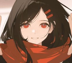 Rule 34 | 1girl, black hair, chongzhen 085, close-up, hair ornament, hairclip, kagerou project, long hair, looking at viewer, parted bangs, red eyes, red scarf, scarf, smile, solo, tateyama ayano, teeth