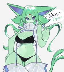 Rule 34 | alternate color, animal ears, bra, breasts, cleavage, creatures (company), espeon, forehead jewel, furry, furry female, game freak, gen 2 pokemon, green fur, green hair, highres, large breasts, long hair, looking at viewer, midriff, navel, nintendo, panties, pokemon, pokemon (creature), purple eyes, shiny pokemon, suspenders, tail, thick thighs, thighs, togetoge, underwear, wide hips