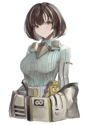 Rule 34 | 1girl, absurdres, arknights, black hair, blue sweater, bob cut, breasts, brown hair, charm (object), closed mouth, highres, kajuu, large breasts, long sleeves, looking at viewer, magallan (arknights), magallan (elite ii) (arknights), mask, mask around neck, multicolored hair, open clothes, short hair, simple background, smile, solo, streaked hair, sweater, emperor (arknights), two-tone hair, upper body, white background, yellow eyes