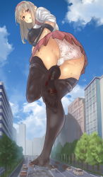 Rule 34 | 1girl, ass, black thighhighs, blood, car, city, crushing, day, destruction, embarrassed, foot up, from below, giant, giantess, headband, highres, kantai collection, long hair, looking back, looking down, motor vehicle, muneate, no shoes, outdoors, panties, pleated skirt, red eyes, red headband, red skirt, shoukaku (kancolle), silver hair, size difference, skirt, sky, solo, thighhighs, underwear, uru (uru0000), white panties