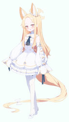 Rule 34 | 1girl, animal ear fluff, animal ears, bare shoulders, blonde hair, blue archive, blush, cruciform halo, detached sleeves, dress, efu (ehutan), extra ears, full body, halo, high heels, highres, long hair, open mouth, pantyhose, seia (blue archive), sleeves past fingers, sleeves past wrists, solo, striped clothes, striped pantyhose, tail, vertical-striped clothes, vertical-striped pantyhose, white dress, white footwear, white pantyhose, white sleeves, yellow eyes, yellow halo