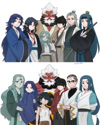 Rule 34 | 6+boys, a&#039;gen (the legend of luoxiaohei), absurdres, arms behind back, black hair, blue hair, blue robe, braid, colored skin, diting (the legend of luoxiaohei), glasses, grey hair, highres, horns, kizumi-cp-loveww, lanxi zhen, laojun (the legend of luoxiaohei), long hair, multiple boys, pan jing (the legend of luoxiaohei), pointy ears, red skin, robe, simple background, single horn, sword, tank top, luo xiaohei zhanji, upper body, weapon, white background, white tank top, wuxian (the legend of luoxiaohei), xuan li (the legend of luoxiaohei)