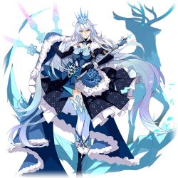 Rule 34 | 1girl, blue dress, boots, cape, crown, deer, dress, earrings, floating, floating object, floating weapon, full body, fur-trimmed boots, fur-trimmed cape, fur trim, hair between eyes, hair ornament, holding, holding scepter, honkai (series), honkai impact 3rd, ice, jewelry, kiana kaslana, kiana kaslana (herrscher of the void), long hair, official art, scepter, symbol-shaped pupils, thighhighs, third-party source, very long hair, white hair, yellow eyes