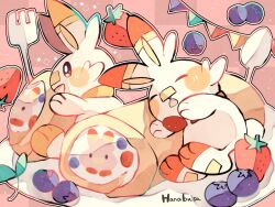 Rule 34 | animal focus, artist name, blueberry, bread, closed eyes, commentary request, creatures (company), food, fork, fruit, game freak, gen 8 pokemon, hanabusaoekaki, highres, nintendo, no humans, open mouth, plate, pokemon, pokemon (creature), rabbit, red background, scorbunny, sleeping, solid oval eyes, sparkling eyes, spoon, strawberry