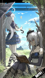 Rule 34 | 2girls, ahoge, black choker, black gloves, black thighhighs, blue flower, blue rose, blue skirt, blue sky, book, boots, choker, closed mouth, copyright name, day, doll joints, elbow gloves, flat chest, flower, fold-over boots, gloves, grass, grey hair, highres, holding, holding umbrella, joints, kankan33333, layered skirt, long hair, multiple girls, open book, orchis, outdoors, reading, red eyes, rose, shingeki no bahamut, sitting, skirt, sky, smile, thighhighs, tree, twintails, umbrella, zwei (shingeki no bahamut)