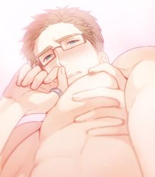 Rule 34 | 2boys, bara, blue eyes, blush, brown hair, glasses, grabbing, grabbing from behind, groping, hand on another&#039;s chest, jewelry, julius will kresnik, kamiya (mennu), large pectorals, looking at viewer, male focus, multiple boys, muscular, muscular male, nipples, pectoral focus, pectoral grab, pectorals, ring, short hair, solo focus, tales of (series), tales of xillia, tales of xillia 2, upper body, yaoi