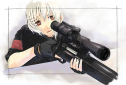Rule 34 | 1girl, ganzyu i, gloves, gun, red eyes, rifle, short hair, sniper rifle, solo, weapon, white hair