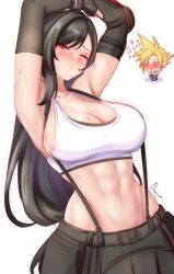 Rule 34 | 1boy, 1girl, abs, anisdrawn, armpits, bag, belt, black gloves, breasts, chibi, cleavage, cloud strife, crisis core final fantasy vii, crop top, elbow gloves, english text, final fantasy, final fantasy vii, gloves, highres, large breasts, long hair, low-tied long hair, midriff, navel, red eyes, shirt, solo focus, suspenders, sweat, tifa lockhart, white shirt