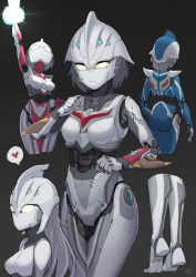 Rule 34 | 5girls, absurdres, arm blade, ass, barefoot, blue skin, breasts, character request, closed mouth, colored sclera, colored skin, energy beam, grey background, grey hair, grey skin, heart, helmet, highres, humanoid robot, lan mao akko, long hair, looking at viewer, medium breasts, multiple girls, multiple views, no mouth, red skin, robot, short hair, spoken heart, standing, tiptoes, ultra series, ultraman (1st series), weapon, yellow eyes, yellow sclera