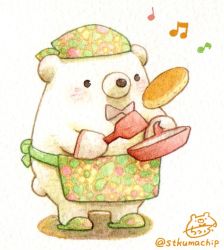 Rule 34 | artist name, bandana, bear, black eyes, blush, bow, bowtie, food, frying pan, holding, holding frying pan, holding spatula, looking away, musical note, no humans, original, oven mitts, pancake, red bow, red neckwear, signature, slippers, spatula, st.kuma, standing, twitter username