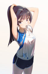 Rule 34 | 24riside, arms up, beige background, black hair, blue eyes, blue shorts, blush, breasts, commentary request, cowboy shot, dolphin shorts, highres, idolmaster, idolmaster million live!, idolmaster million live! theater days, lesson wear (idolmaster million live!), long hair, looking at viewer, medium breasts, mogami shizuka, mouth hold, ponytail, serious, shade, shirt, short sleeves, shorts, solo, t-shirt, thighs, tying hair, white background, white shirt
