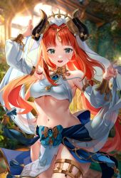 Rule 34 | 1girl, :d, arm up, bare shoulders, blue skirt, blurry, blurry background, blush, breasts, brooch, circlet, cowboy shot, crop top, dancer, day, detached sleeves, floating hair, forehead jewel, genshin impact, gold trim, green eyes, harem outfit, highres, holding, hominamia, horns, jewelry, long hair, long sleeves, looking at viewer, low twintails, navel, neck ring, nilou (genshin impact), open mouth, panties, parted bangs, parted lips, pelvic curtain, puffy long sleeves, puffy sleeves, red hair, see-through, skindentation, skirt, small breasts, smile, solo, stomach, thighlet, thighs, twintails, underwear, vambraces, veil, vision (genshin impact), white panties