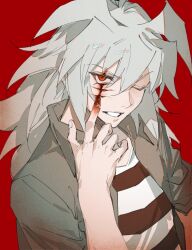 Rule 34 | 1boy, alternate eye color, blood, blood on hands, fingernails, grey hair, highres, long hair, male focus, one eye closed, open clothes, open shirt, parted lips, red background, red eyes, scar, shirt, short sleeves, solo, spiked hair, striped clothes, striped shirt, teeth, xing 20, yami bakura, yu-gi-oh!, yu-gi-oh! duel monsters
