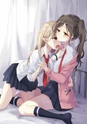 Rule 34 | 2girls, bite marks, blonde hair, blood, blouse, blush, bra, brown hair, collared shirt, commentary request, crying, crying with eyes open, earrings, fangs, feet, hair ornament, hairclip, highres, holding hands, interlocked fingers, jewelry, long hair, multiple girls, necktie, nekozuki yuki, on bed, orange eyes, original, pointy ears, school uniform, shirt, side ponytail, signature, sitting, socks, tears, underwear, unworn hair ornament, unworn hairclip, vampire, wariza, white shirt, yuri