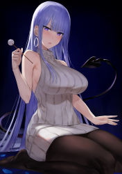 Rule 34 | 1girl, akitaka akita, arm up, bare shoulders, blush, breasts, cleavage, commentary, demon girl, demon tail, earrings, highres, holding, hoop earrings, jewelry, large breasts, long hair, meme attire, open mouth, original, pantyhose, purple eyes, purple hair, seiza, sitting, solo, sweater, symbol-only commentary, tail, very long hair, virgin killer sweater